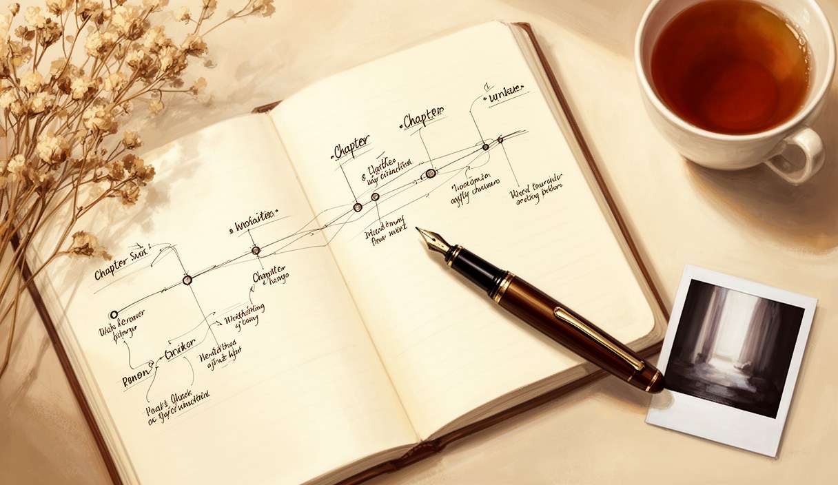 Editorial illustration of an open notebook with timeline sketches and small chapter labels — fountain pen across the page, soft window light